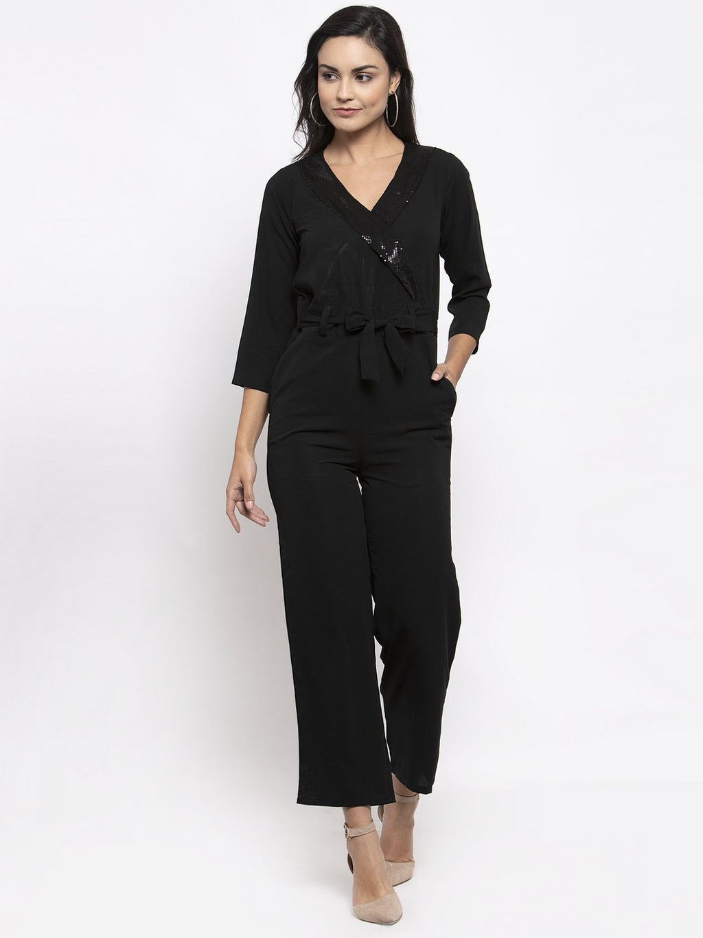 Jompers Women Black Solid Jumpsuit with sequence on neck - Distacart