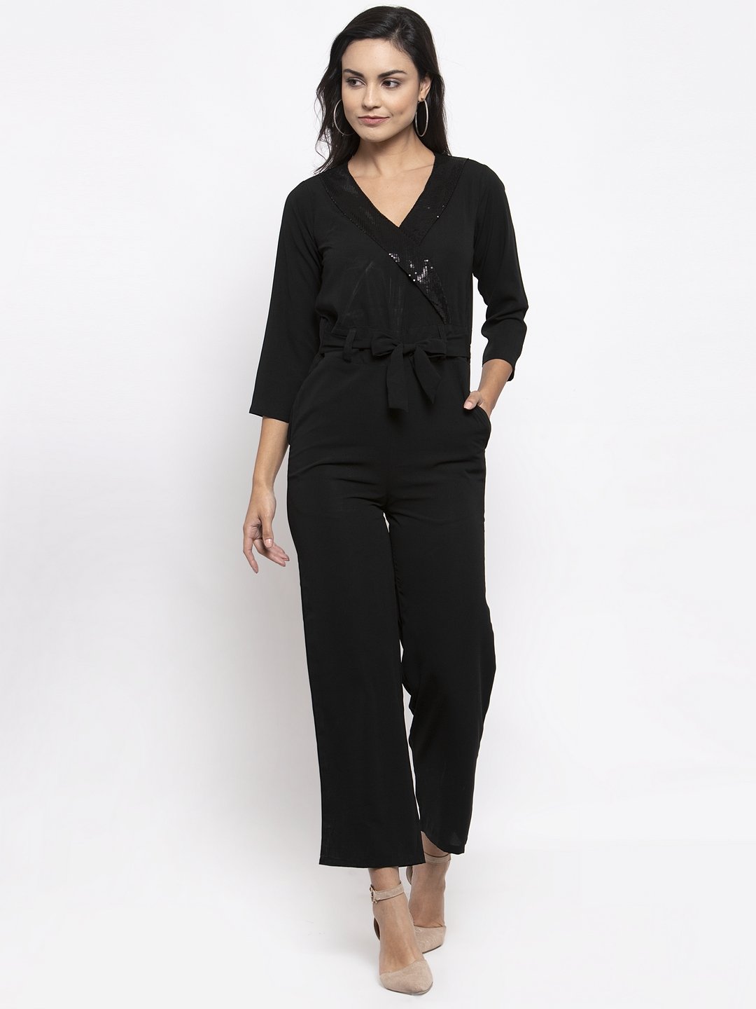 Jompers Women Black Solid Jumpsuit with sequence on neck - Distacart