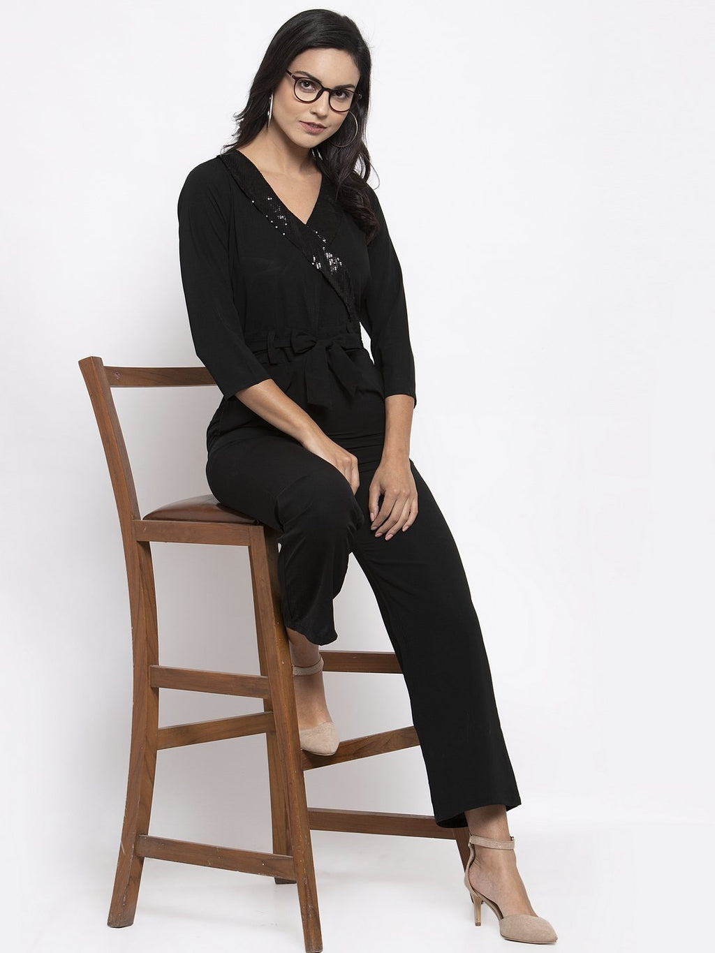 Jompers Women Black Solid Jumpsuit with sequence on neck - Distacart