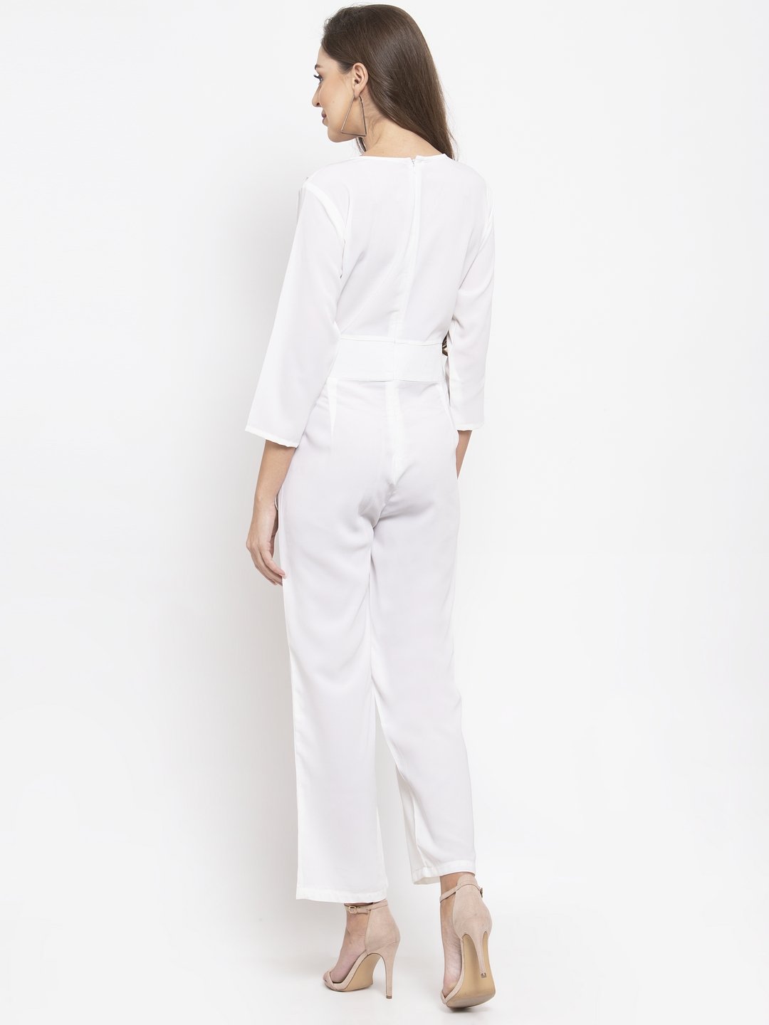 Jompers Women White Solid Jumpsuit with sequence on neck - Distacart