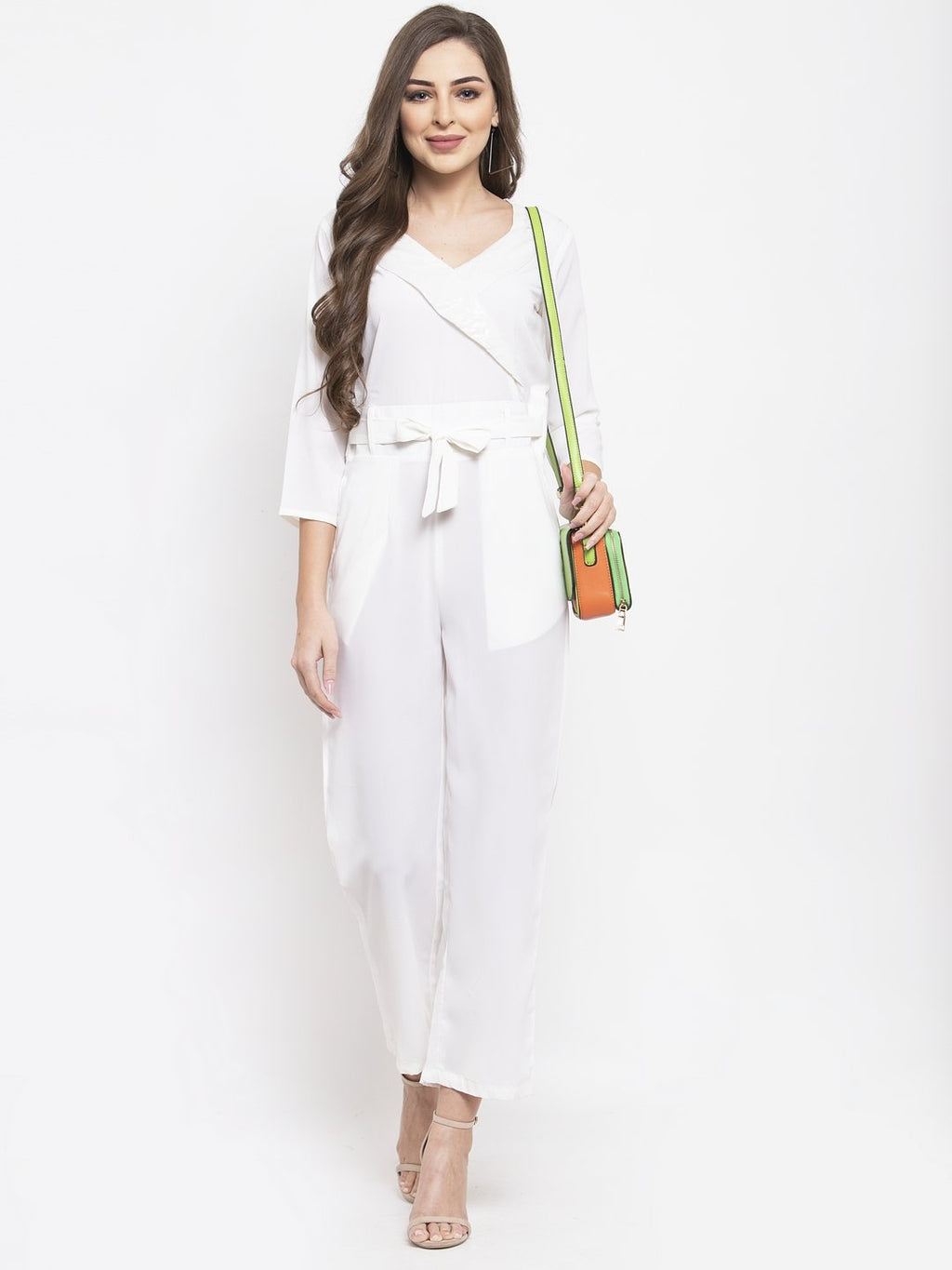 Jompers Women White Solid Jumpsuit with sequence on neck - Distacart