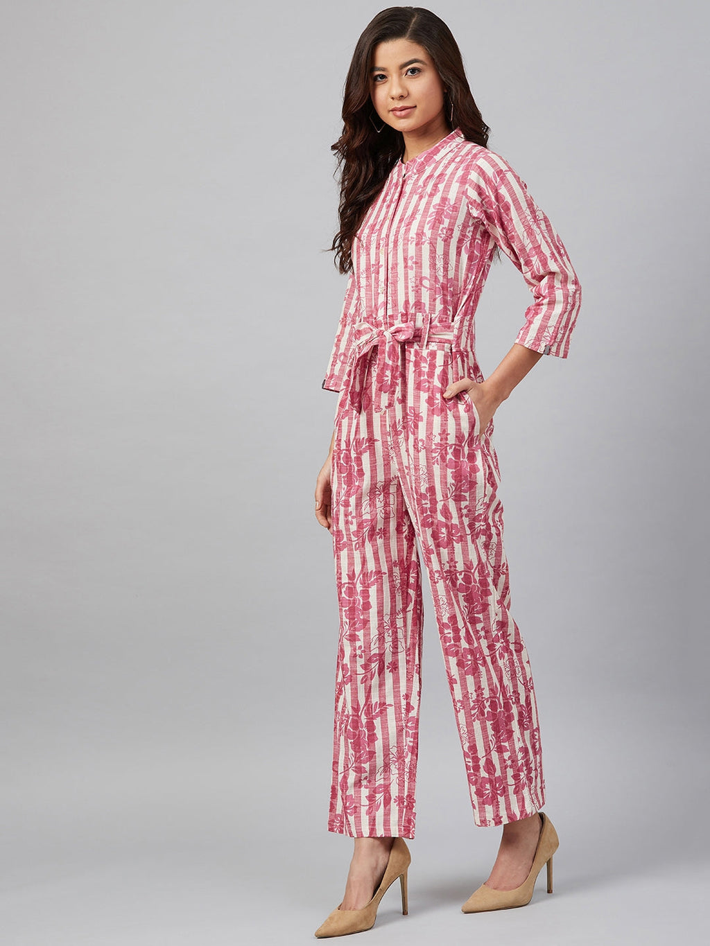 Jompers Women Off-White & Pink Striped Mandarin Collar Basic Jumpsuit - Distacart