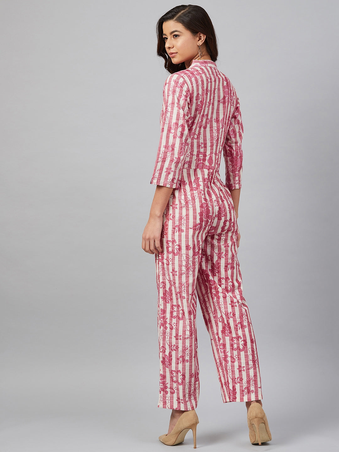 Jompers Women Off-White & Pink Striped Mandarin Collar Basic Jumpsuit - Distacart