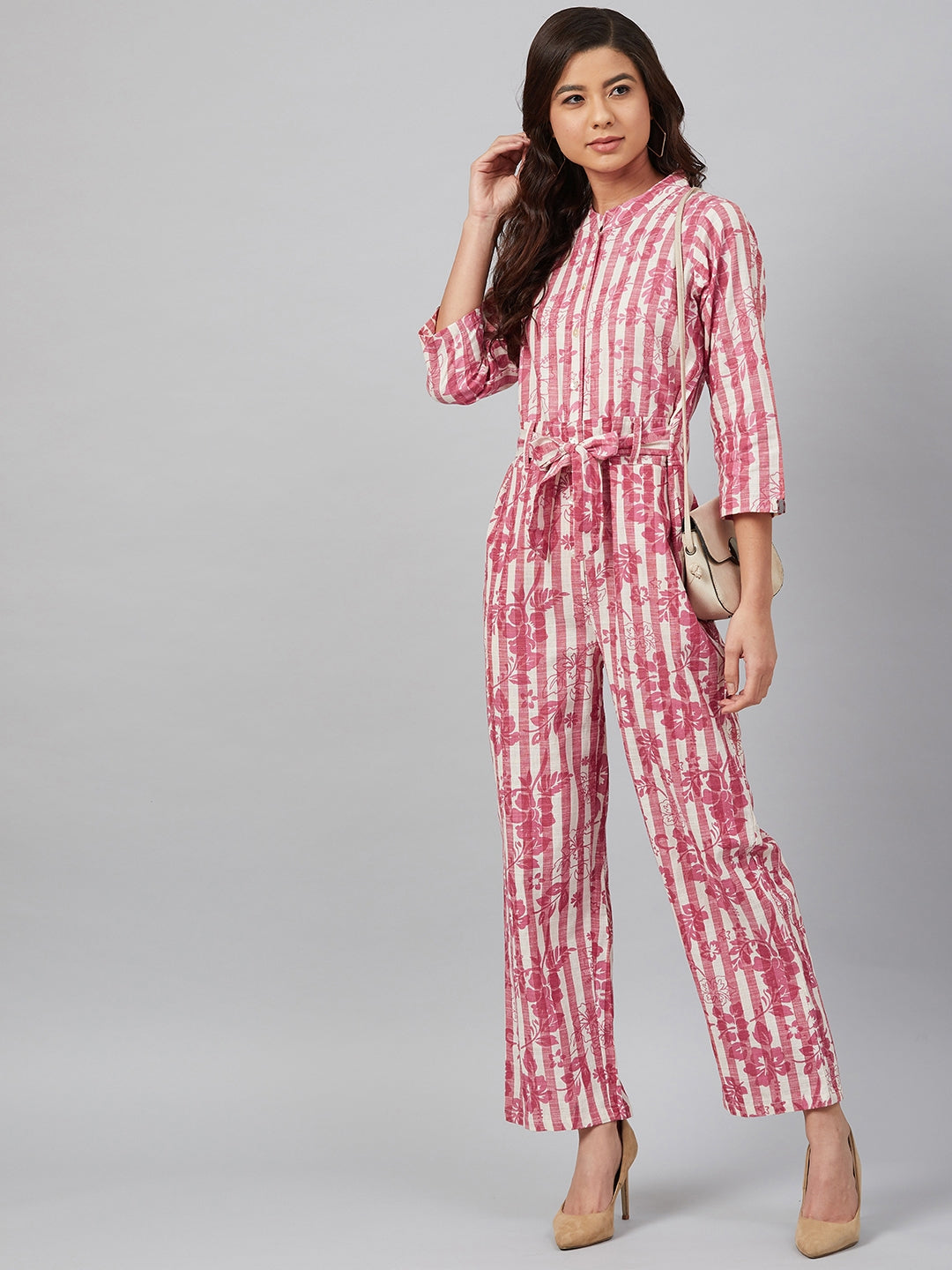 Jompers Women Off-White & Pink Striped Mandarin Collar Basic Jumpsuit - Distacart