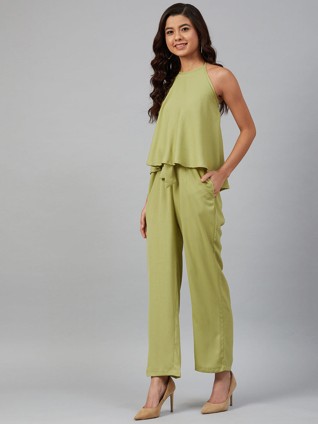 Jompers Women Green-Coloured Solid Halter Neck Basic Jumpsuit - Distacart