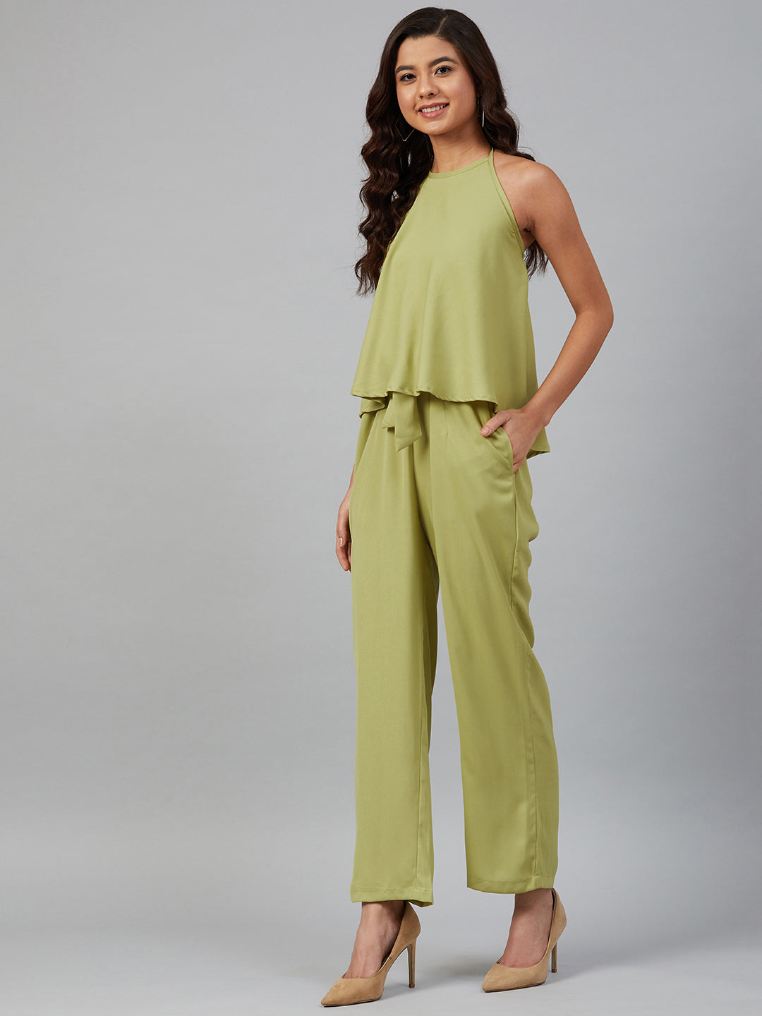 Jompers Women Green-Coloured Solid Halter Neck Basic Jumpsuit - Distacart