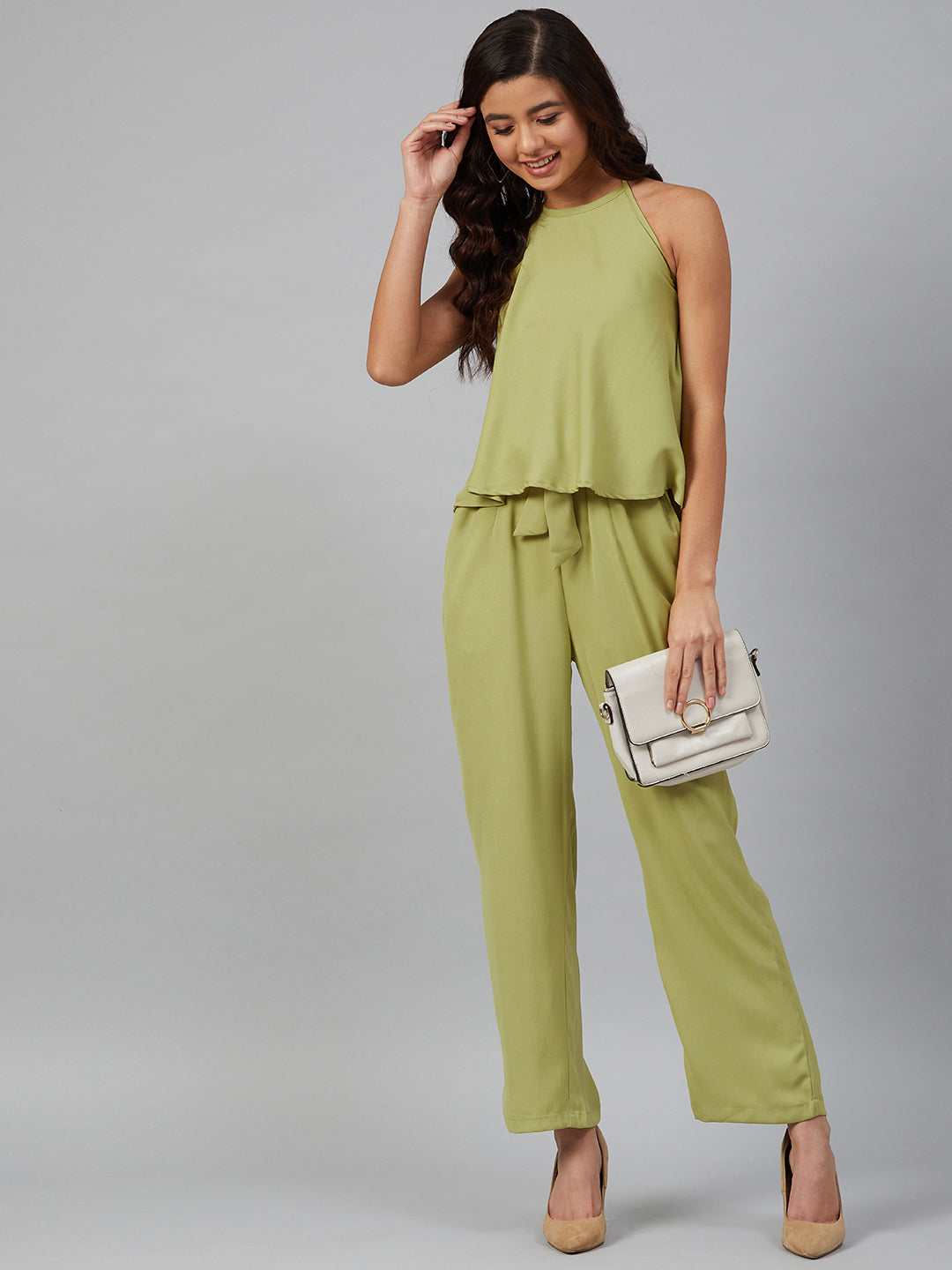 Jompers Women Green-Coloured Solid Halter Neck Basic Jumpsuit - Distacart