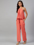 Jompers Women Peach-Coloured Solid Halter Neck Basic Jumpsuit - Distacart
