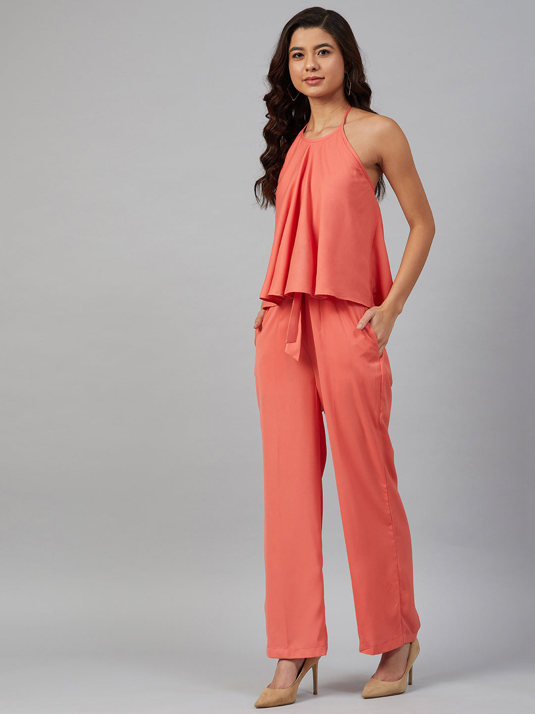 Jompers Women Peach-Coloured Solid Halter Neck Basic Jumpsuit - Distacart