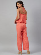 Jompers Women Peach-Coloured Solid Halter Neck Basic Jumpsuit - Distacart