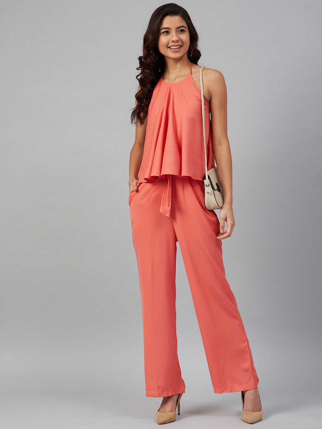 Jompers Women Peach-Coloured Solid Halter Neck Basic Jumpsuit - Distacart