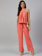 Jompers Women Peach-Coloured Solid Halter Neck Basic Jumpsuit - Distacart
