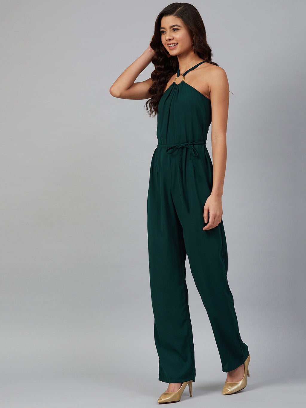 Jompers Women Green Solid Basic Halter Neck Basic Jumpsuit - Distacart