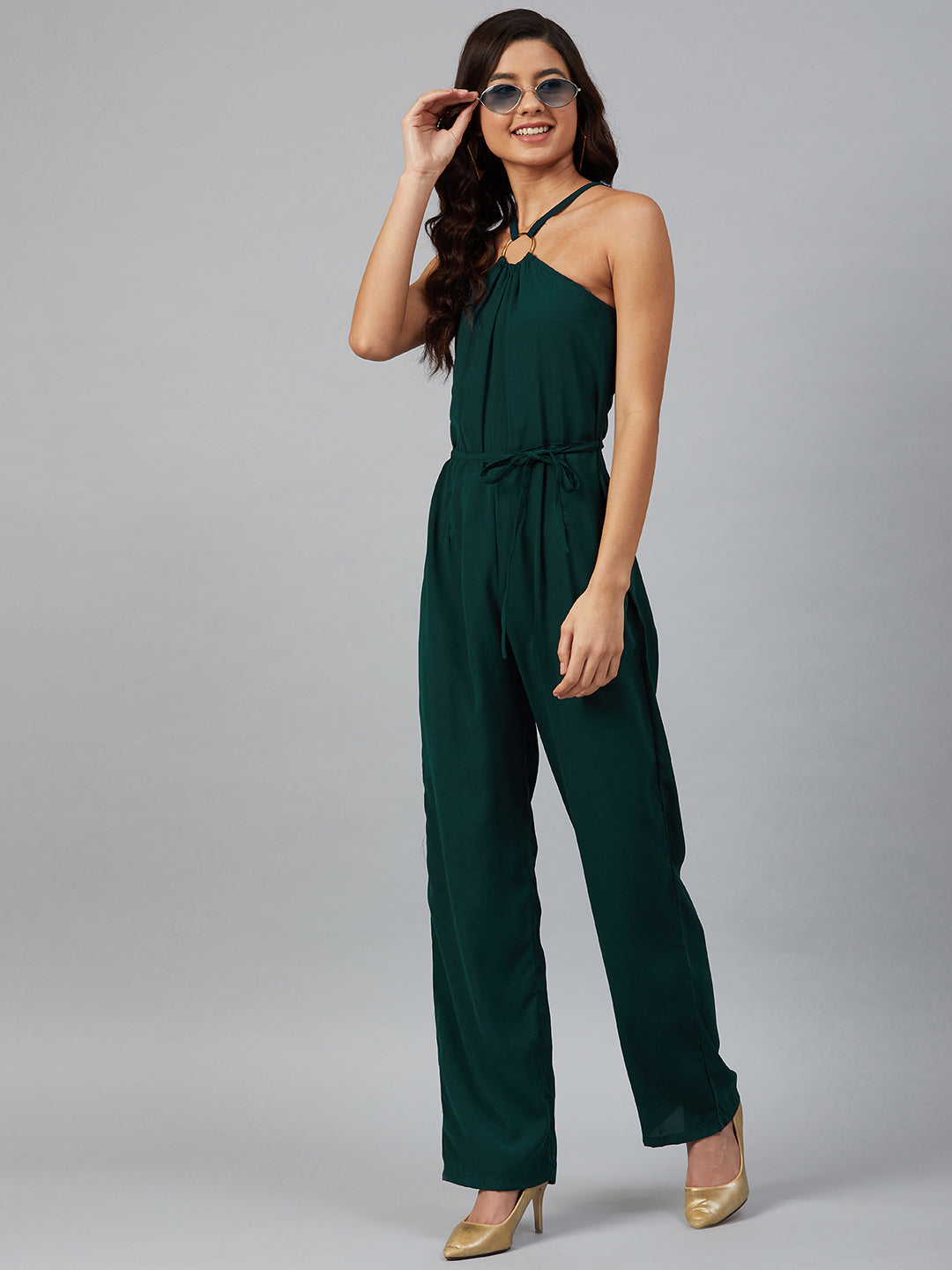 Jompers Women Green Solid Basic Halter Neck Basic Jumpsuit - Distacart
