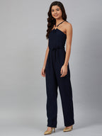 Jompers Women Navy Blue Solid Basic Halter Neck Basic Jumpsuit - Distacart