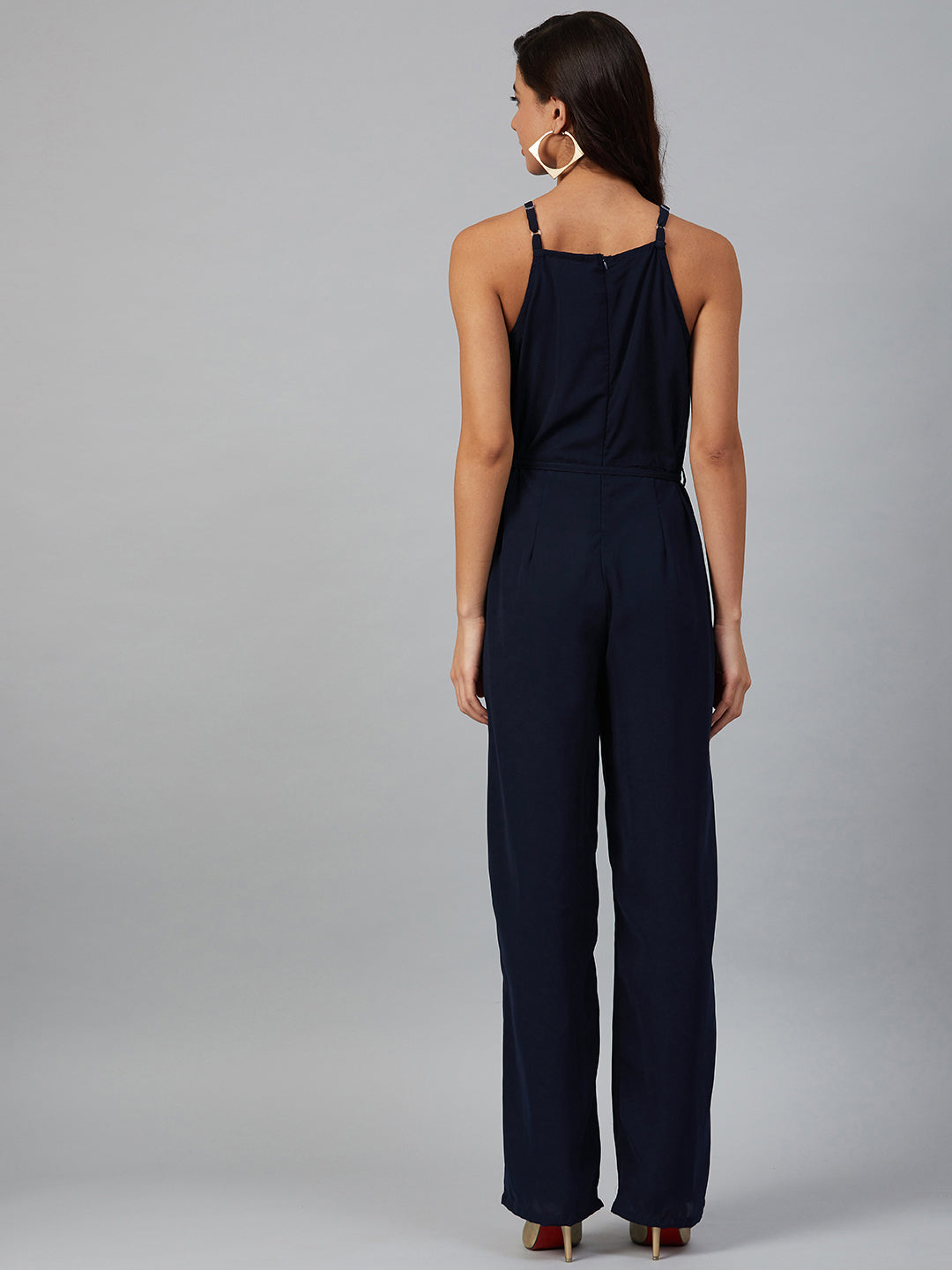 Jompers Women Navy Blue Solid Basic Halter Neck Basic Jumpsuit - Distacart