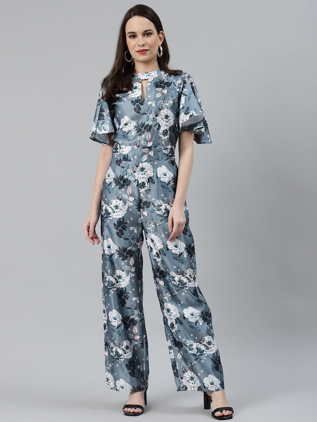 Jompers Women Grey & Off-White Printed Keyhole Neck Flared Sleeves Basic Jumpsuit - Distacart