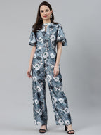 Jompers Women Grey & Off-White Printed Keyhole Neck Flared Sleeves Basic Jumpsuit - Distacart