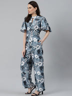 Jompers Women Grey & Off-White Printed Keyhole Neck Flared Sleeves Basic Jumpsuit - Distacart