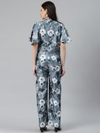 Jompers Women Grey & Off-White Printed Keyhole Neck Flared Sleeves Basic Jumpsuit - Distacart