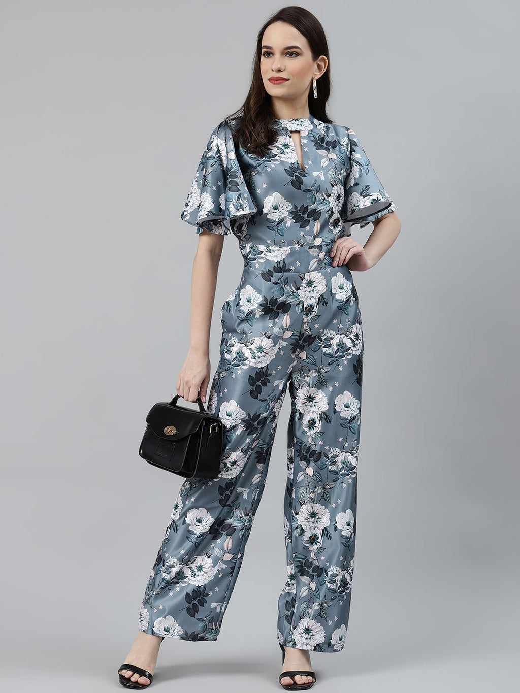 Jompers Women Grey & Off-White Printed Keyhole Neck Flared Sleeves Basic Jumpsuit - Distacart