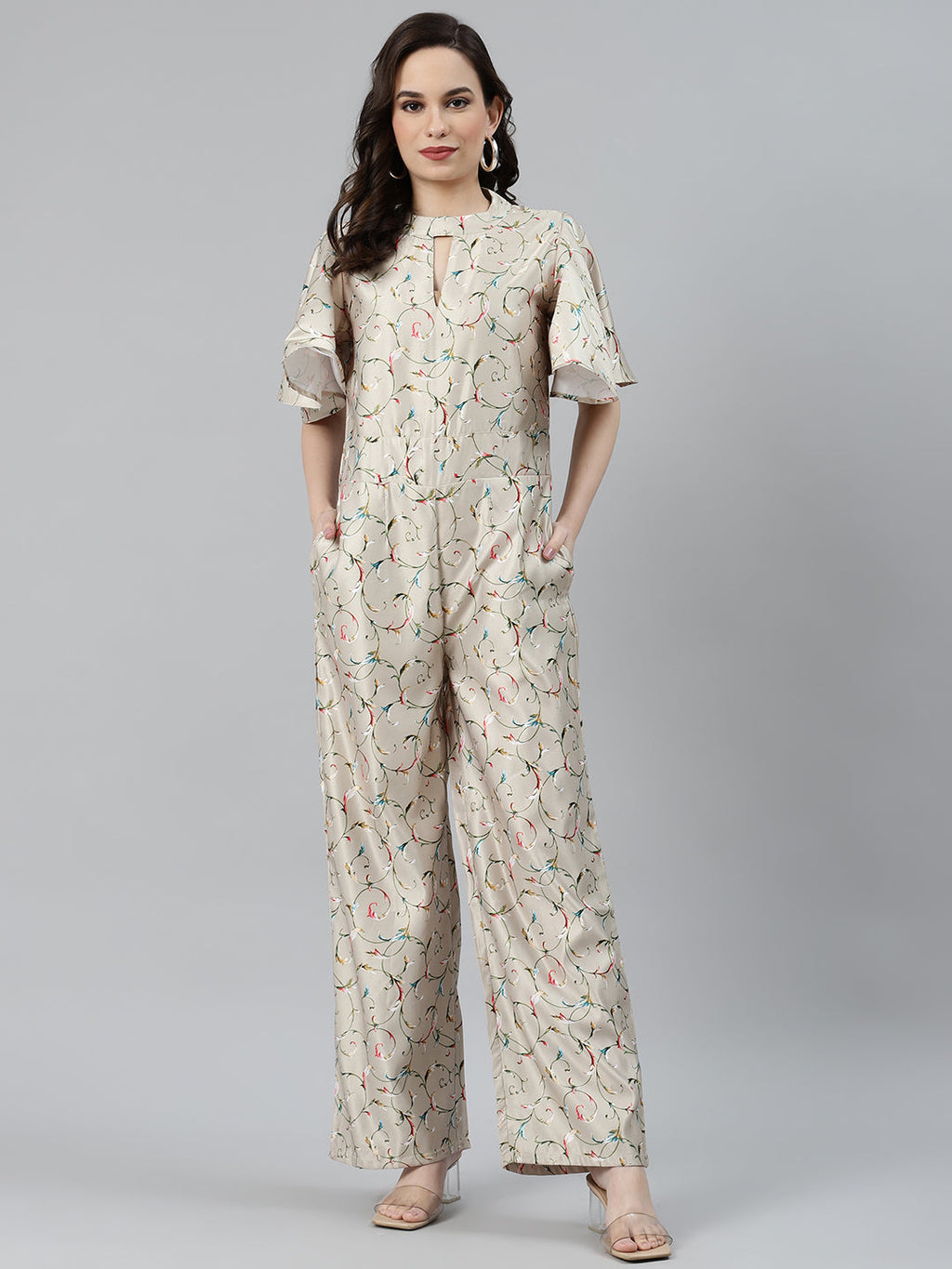 Jompers Women Lime Green & Off-White Printed Keyhole Neck Flared Sleeves Basic Jumpsuit - Distacart