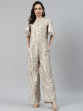 Jompers Women Lime Green & Off-White Printed Keyhole Neck Flared Sleeves Basic Jumpsuit - Distacart