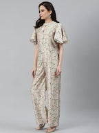 Jompers Women Lime Green & Off-White Printed Keyhole Neck Flared Sleeves Basic Jumpsuit - Distacart