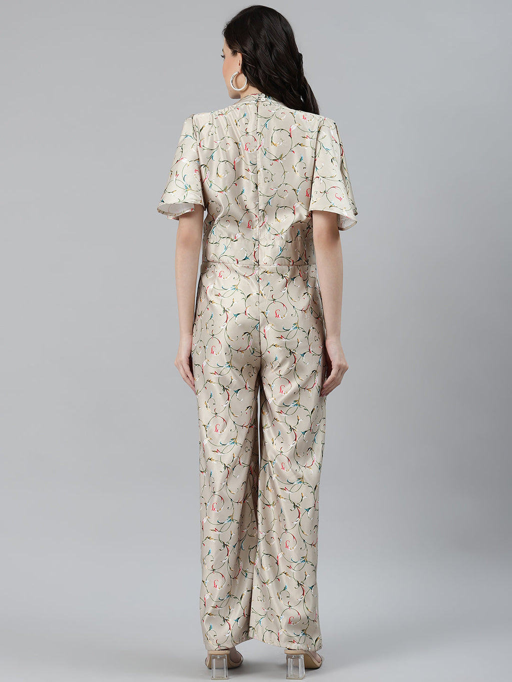 Jompers Women Lime Green & Off-White Printed Keyhole Neck Flared Sleeves Basic Jumpsuit - Distacart