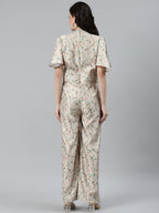 Jompers Women Lime Green & Off-White Printed Keyhole Neck Flared Sleeves Basic Jumpsuit - Distacart