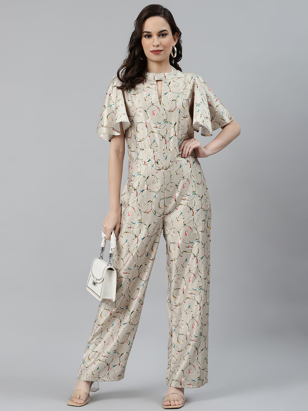 Jompers Women Lime Green & Off-White Printed Keyhole Neck Flared Sleeves Basic Jumpsuit - Distacart