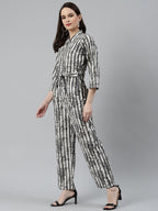 Jompers Women Off-White & Grey Striped Mandarin Collar Basic Jumpsuit - Distacart