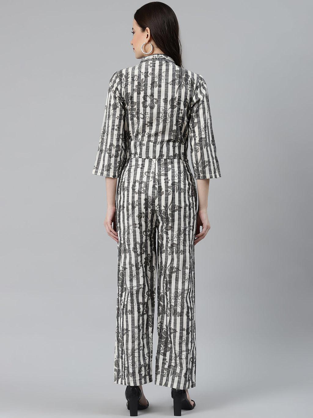Jompers Women Off-White & Grey Striped Mandarin Collar Basic Jumpsuit - Distacart