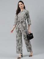 Jompers Women Off-White & Grey Striped Mandarin Collar Basic Jumpsuit - Distacart