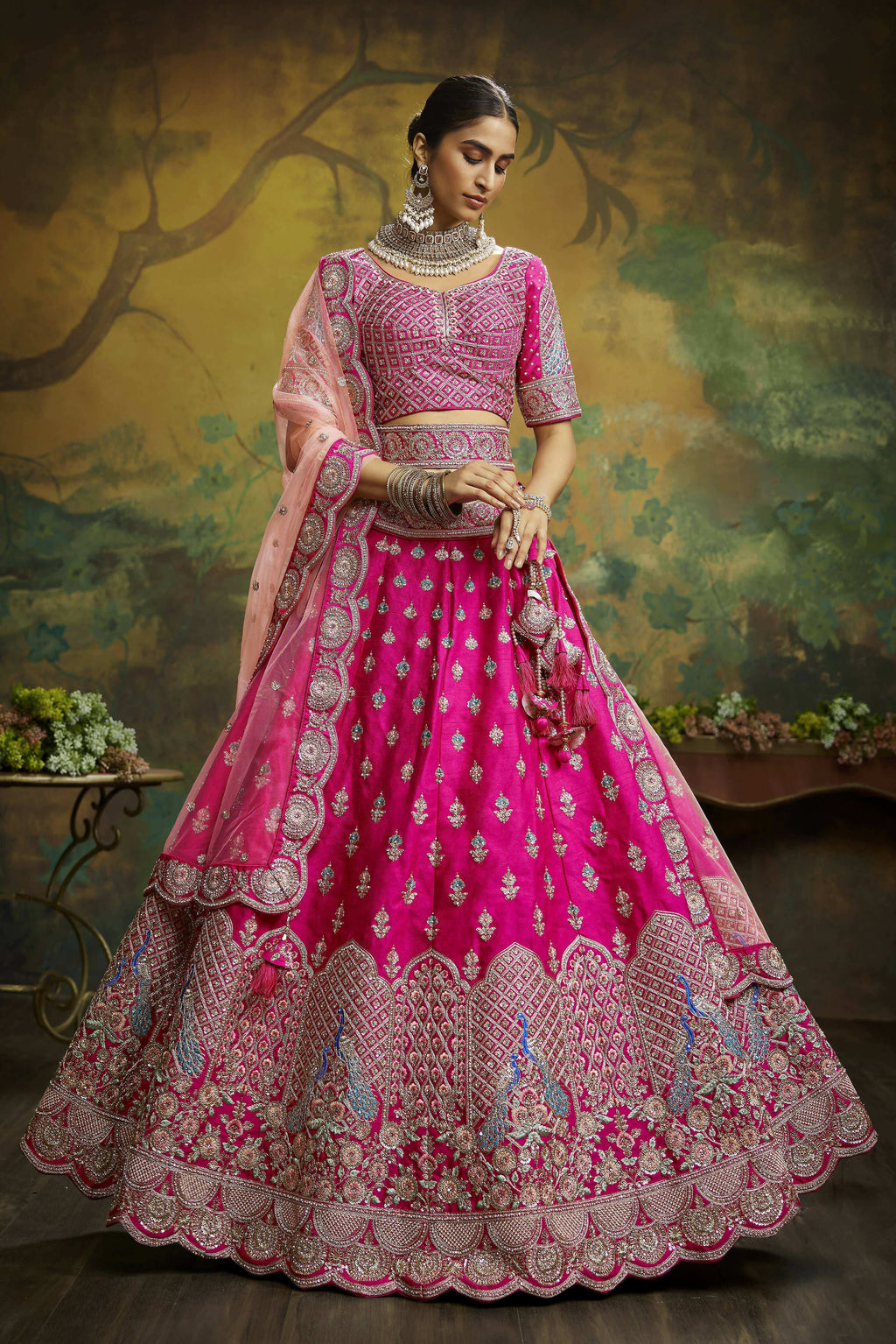 House of Panchhi Pink Pure Silk Moti & Zarkan heavy embroidery Lehenga choli & Dupatta