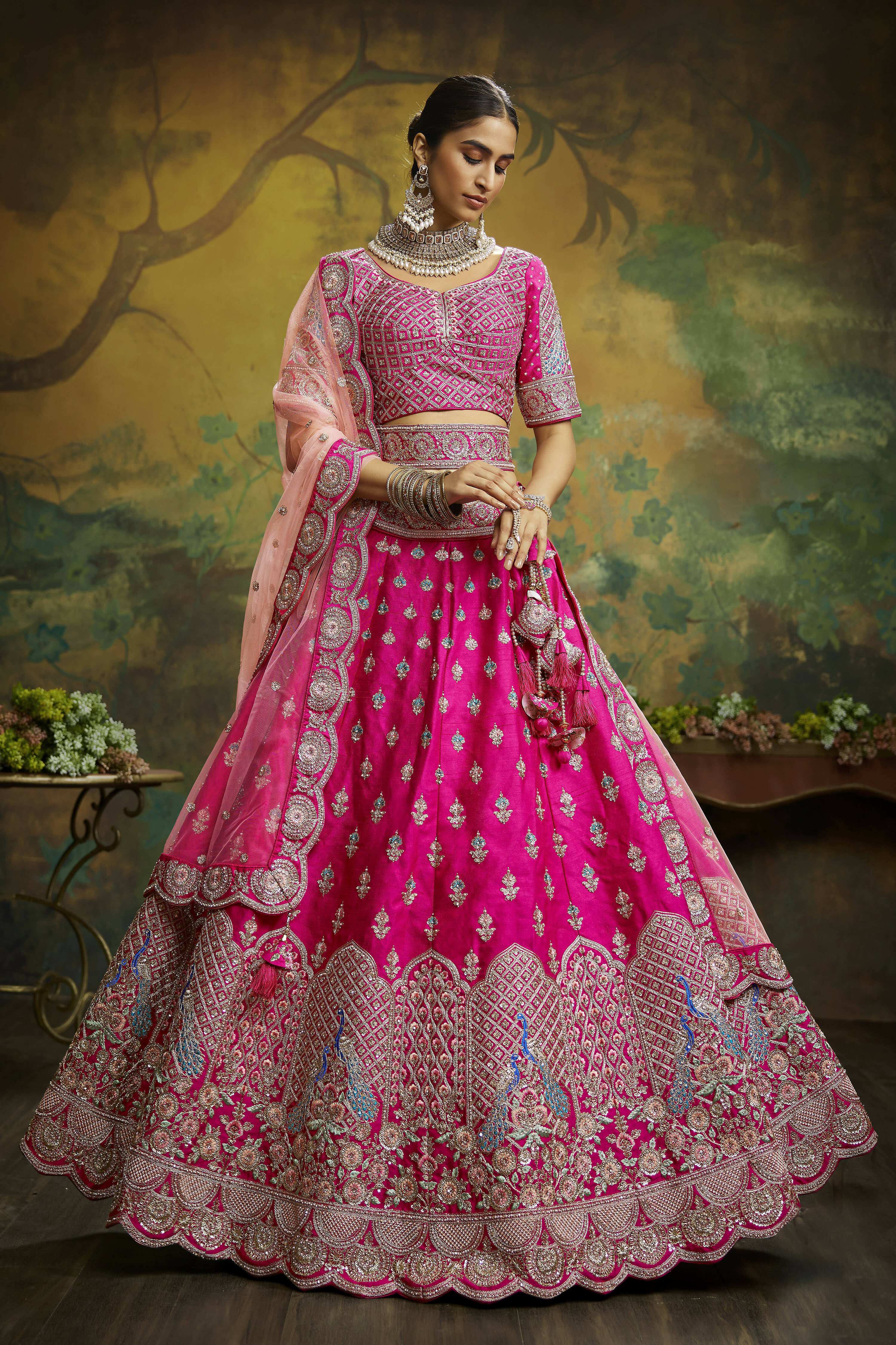 House of Panchhi Pink Pure Silk Moti & Zarkan heavy embroidery Lehenga choli & Dupatta
