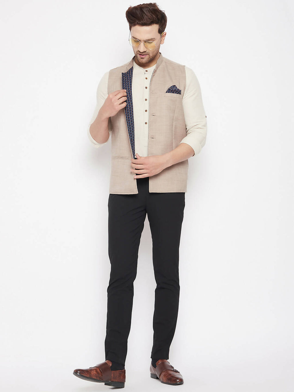 Even Apparels Cream Linen Men's Nehru Jacket-Contrast Lining-Inbuilt Pocket Square - Distacart