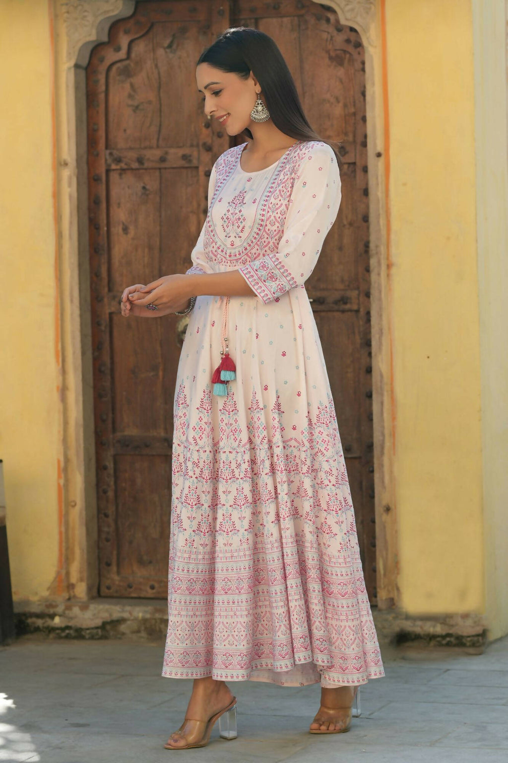 Juniper Women's Pink Viscose Shantoon Festive Printed Flared Dress - Distacart