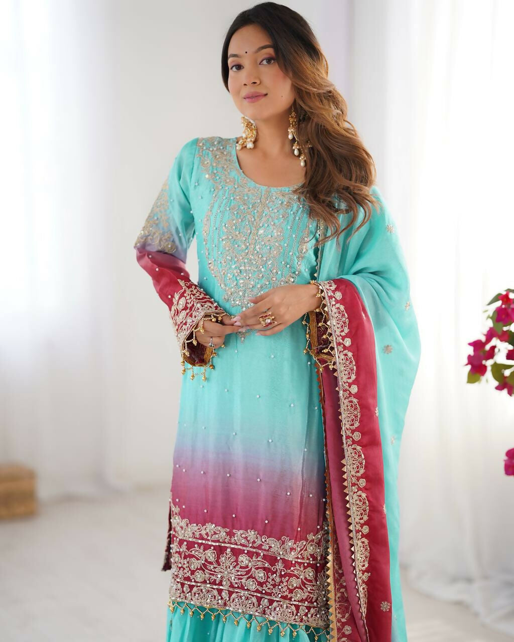 The52 Women's Beautiful Chinon silk Fabric Embroidery Work Straight Kurta Palazzo and Dupatta Set - Distacart