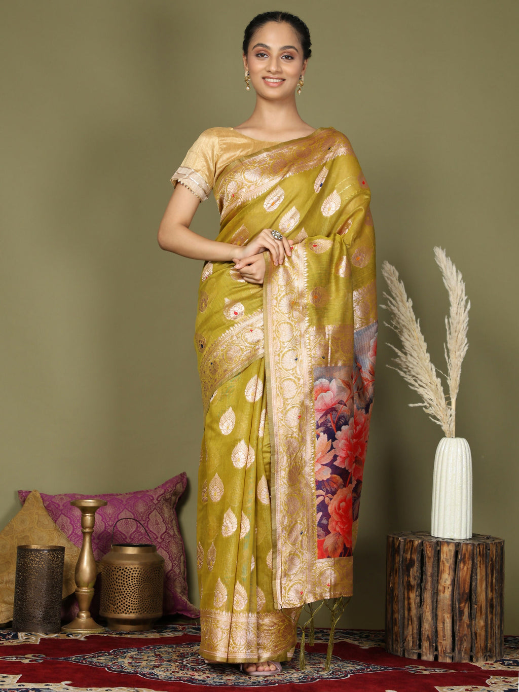 Shree Shyam Fashion Linen Cotton Mhendi Green Saree - Distacart