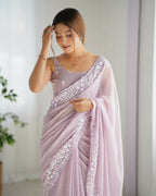 Georgette Designer Sequance Embroidery Work Party Wear Saree - Lavender