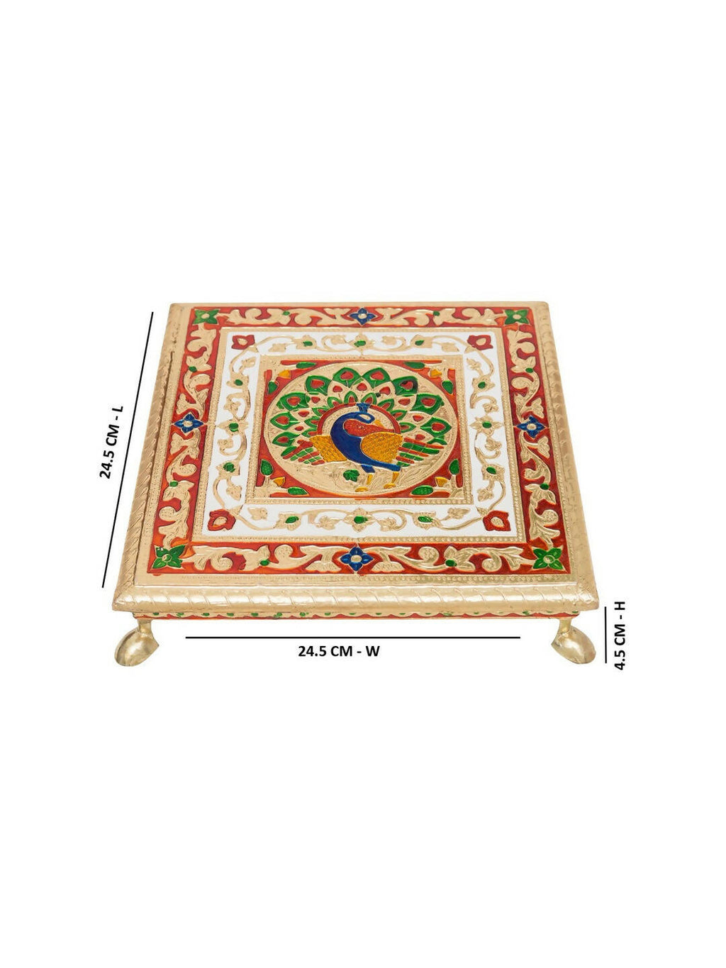 Golden Peacock Gold-Toned & Red Handcrafted Minakari Peacock Design Wooden Chowki