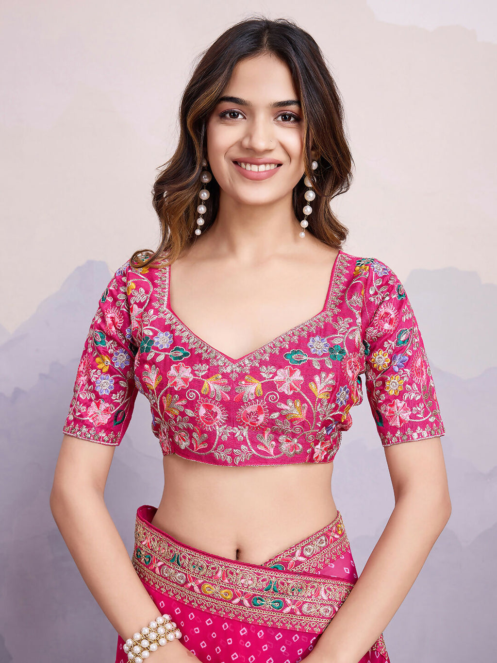 Pink Georgette Bandhani Printed,Embroidery Work Saree - Surkhi