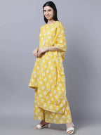 Myshka Women Yellow Floral Pure Cotton Kurti with Palazzos With Dupatta - Distacart