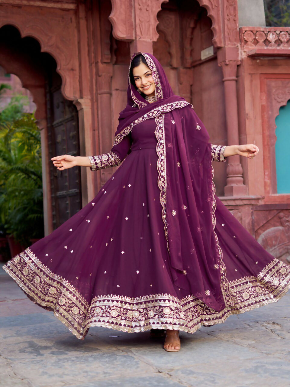 The52 Women's Beautiful Faux Georgette Fabric Embroidery Work Flared Anarkali Pant and Dupatta Set - Distacart