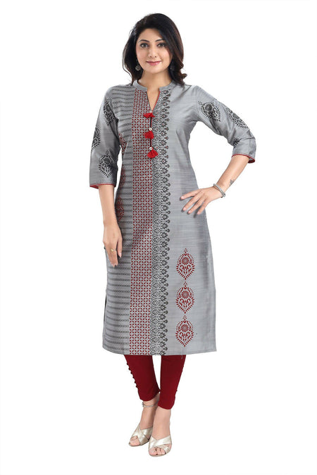 Snehal Creations Grey Raw Silk Block Print Long Kurta For Women