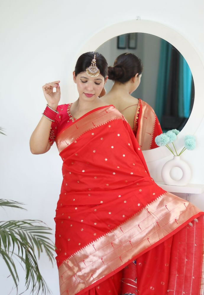 Red Woven Jacquard Designer Embroidery Work Party Wear Saree - Parampara
