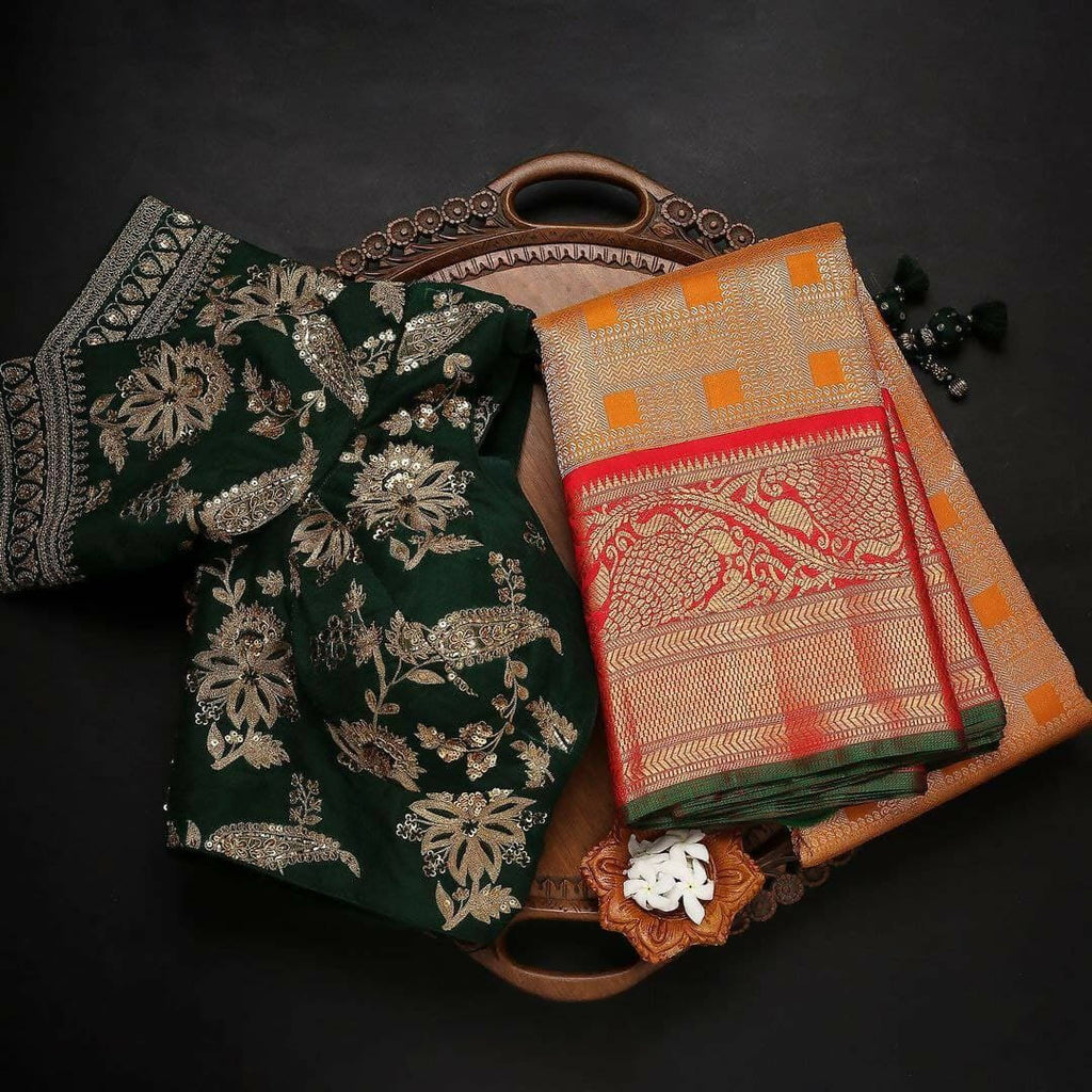 DEIANA'S Beautiful Designer Golden zari Soft Lichi Silk Saree - Orange