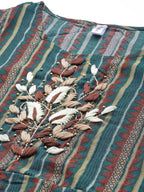 Yufta Teal Green & Coffee Brown Striped Yoke Embroidered Midi A-Line Dress & Ethnic Jacket