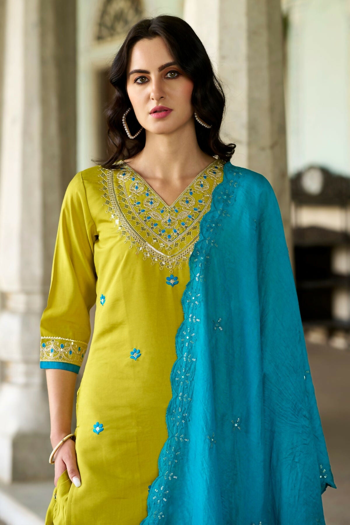 The52 Lemon Beautiful Embroidered Viscose Chanderi Fabric Straight Kurta Pant with Dupatta Set - Distacart